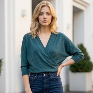 LOFT Teal Surplice Sweater Medium Wool Blend Faux Wrap 3/4 Sleeve Work Top